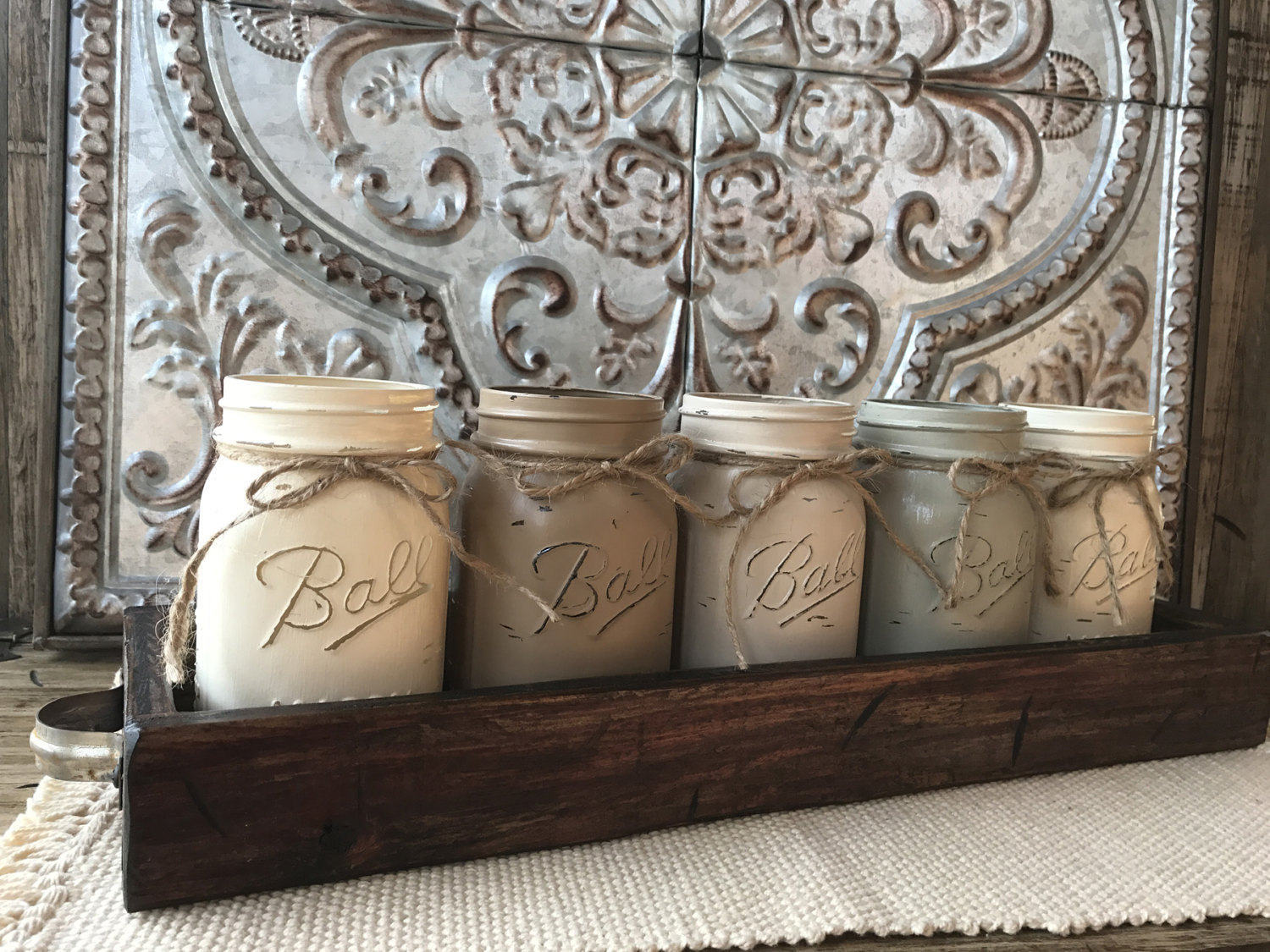 MASON Jar Decor Centerpiece Large Tray + 5 Pint Jars (Flowers optional) Table Decor - Wooden Hearts Inc