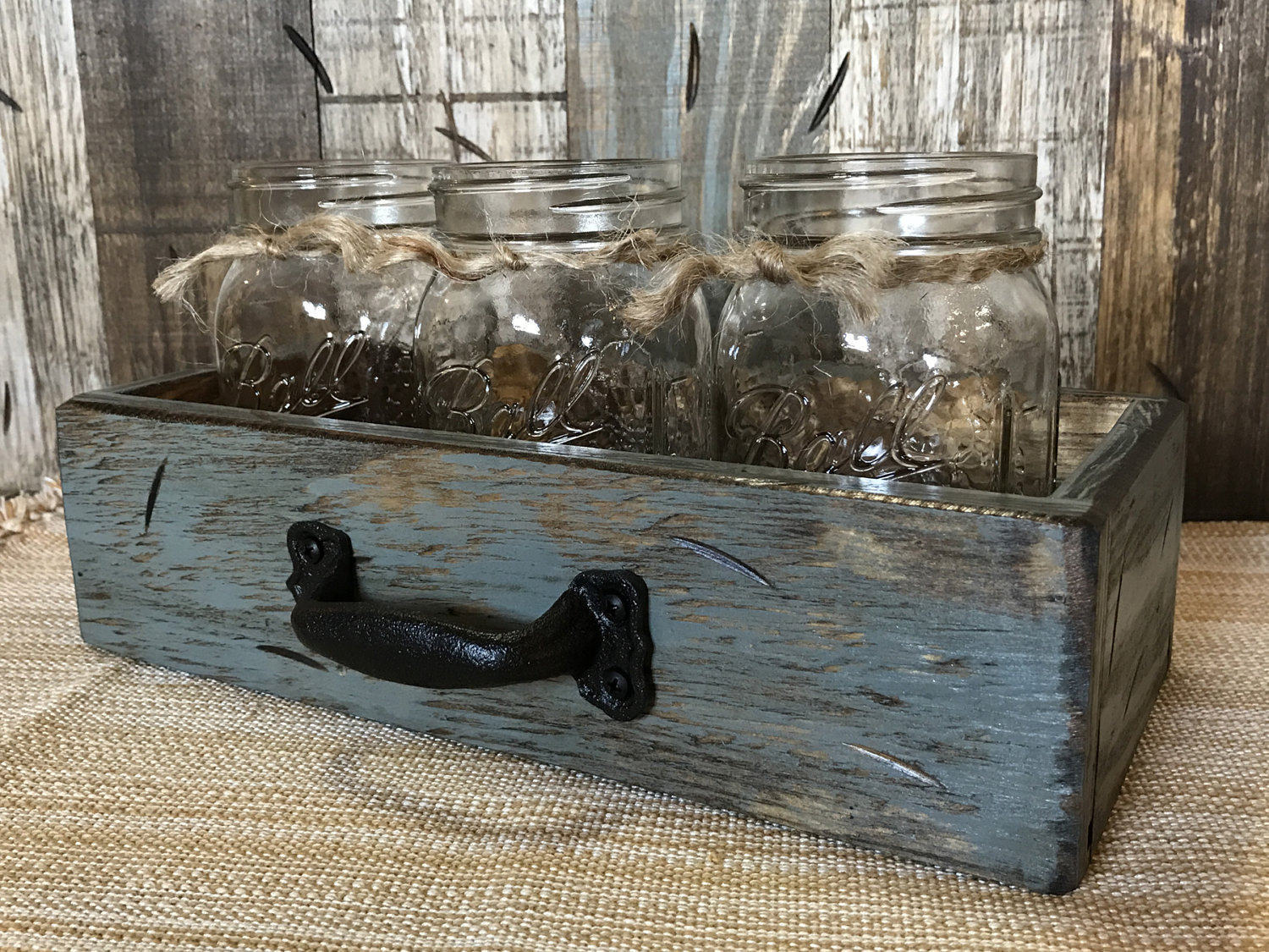 MASON Jar Centerpiece DRAWER Rustic Distressed Wood with 3 Pint Ball Jars Red Blue Gray Cream - Wooden Hearts Inc