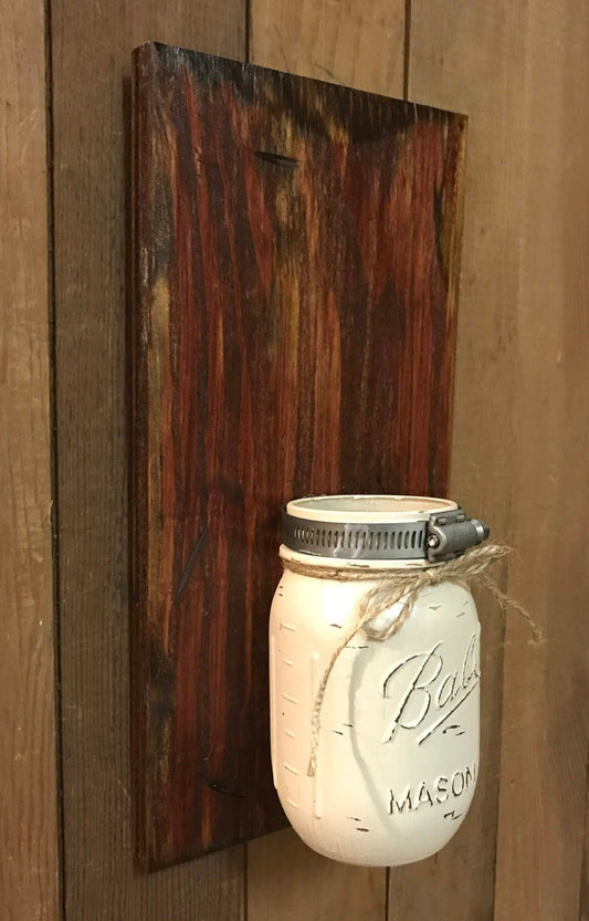 Mason JAR Wall SCONCE with Flower (optional) - Distressed Wood with painted Ball Pint Jar - Wooden Hearts Inc