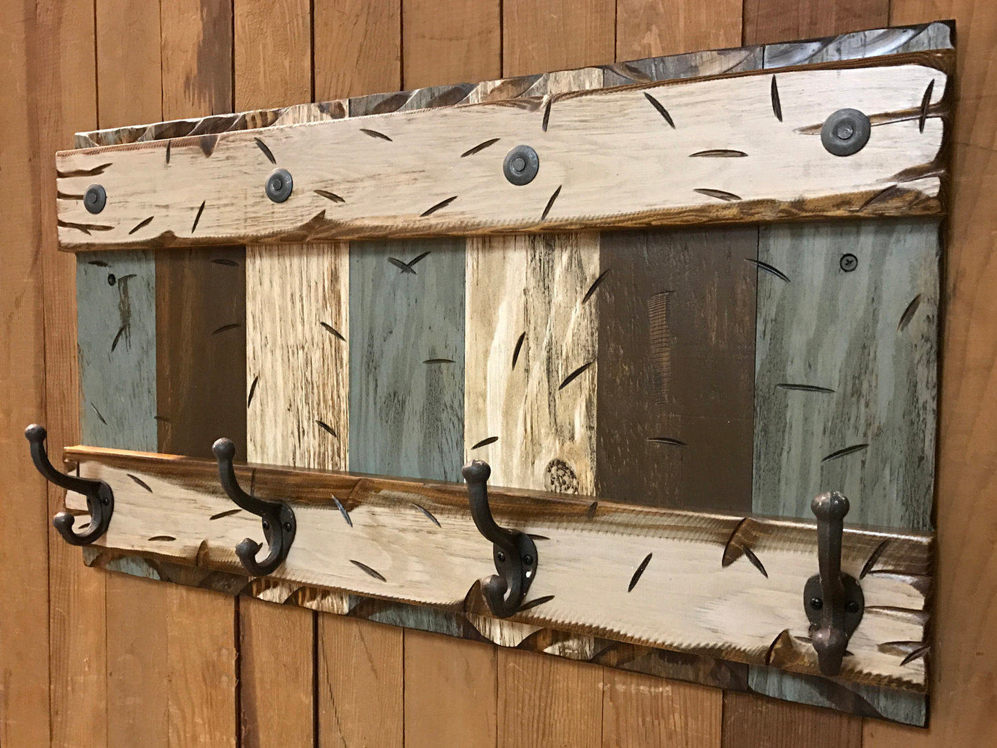 COAT RACK Wall with Metal 4 Hooks Rustic Sturdy Wood Entryway Bathroom Office 28" - Wooden Hearts Inc