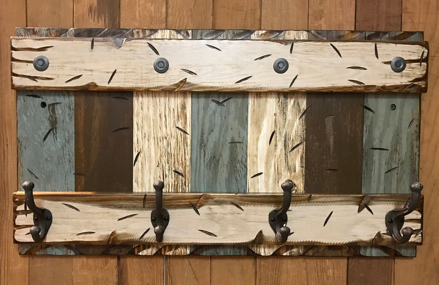 COAT RACK Wall with Metal 4 Hooks Rustic Sturdy Wood Entryway Bathroom Office 28" - Wooden Hearts Inc