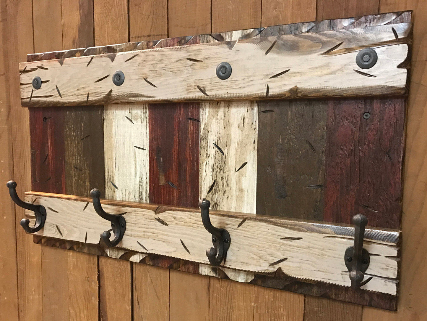 COAT RACK Wall with Metal 4 Hooks Rustic Sturdy Wood Entryway Office 28" - Wooden Hearts Inc