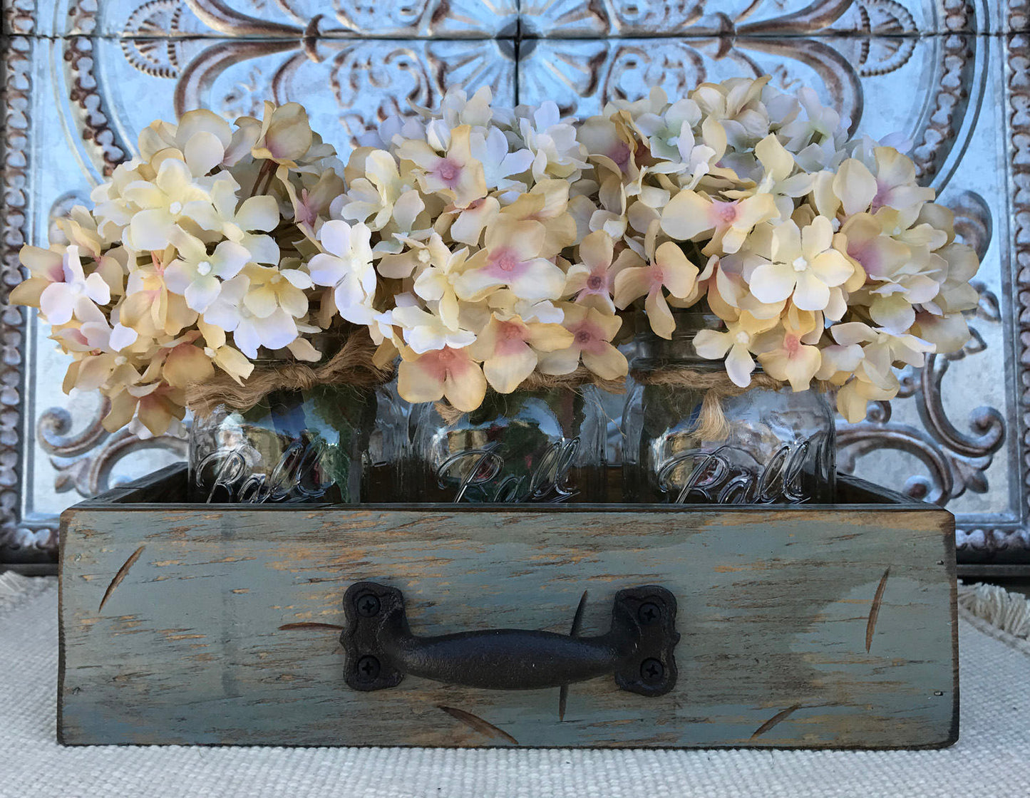 MASON Jar Centerpiece DRAWER Rustic Distressed Wood with 3 Pint Ball Jars Red Blue Gray Cream - Wooden Hearts Inc