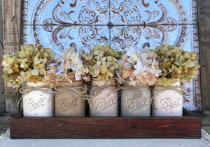 MASON Jar Decor Centerpiece Large Tray + 5 Pint Jars (Flowers optional) Table Decor - Wooden Hearts Inc