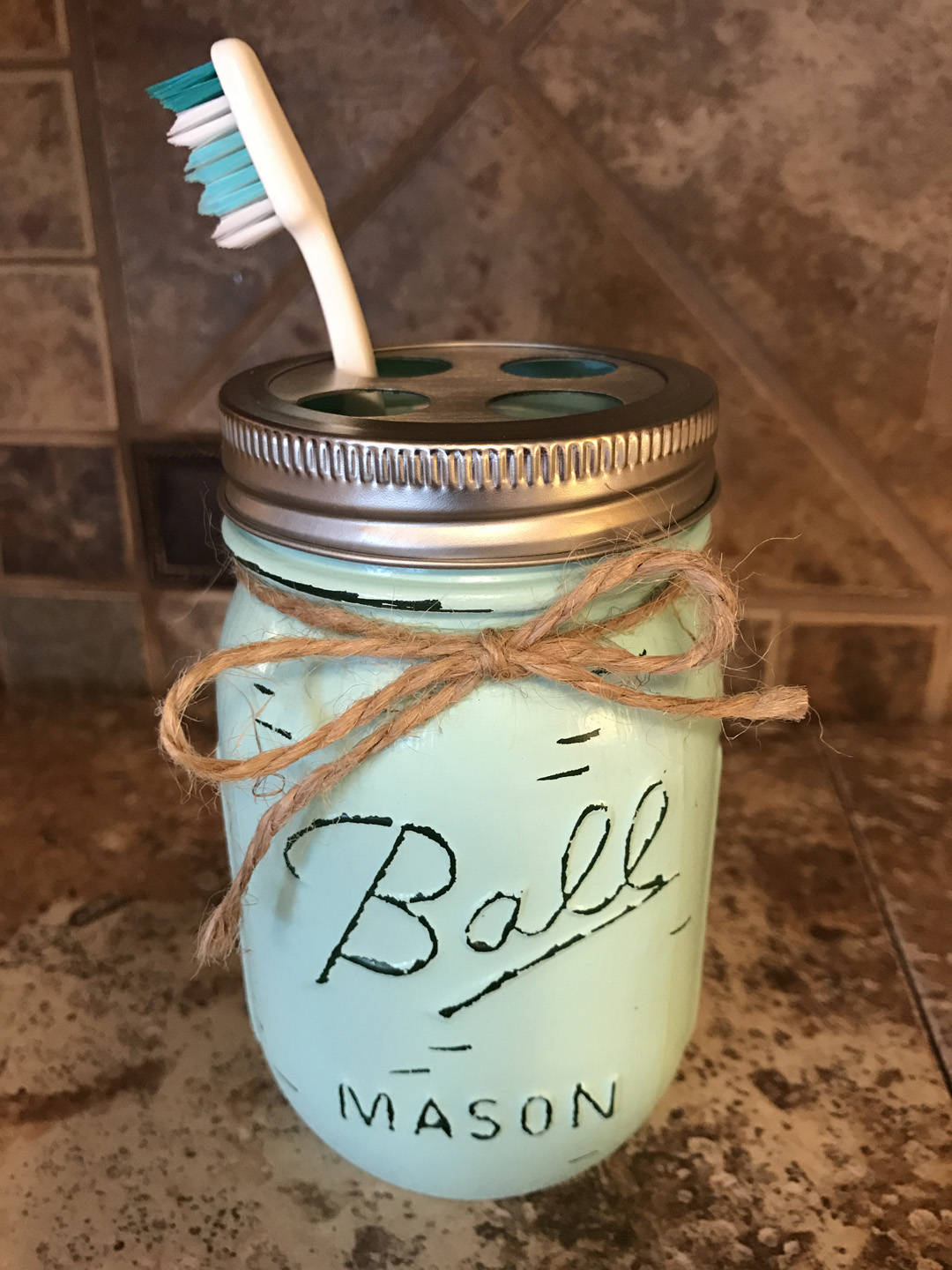 TOOTHBRUSH Holder MASON Jar Bathroom Decor Pint Ball Jars Stainless Steel Blue Yellow White - Wooden Hearts Inc