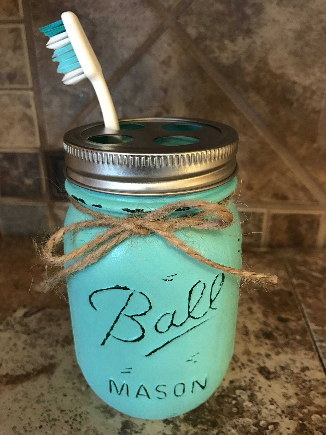 TOOTHBRUSH Holder MASON Jar Bathroom Decor Pint Ball Jars Stainless Steel Blue Yellow White - Wooden Hearts Inc