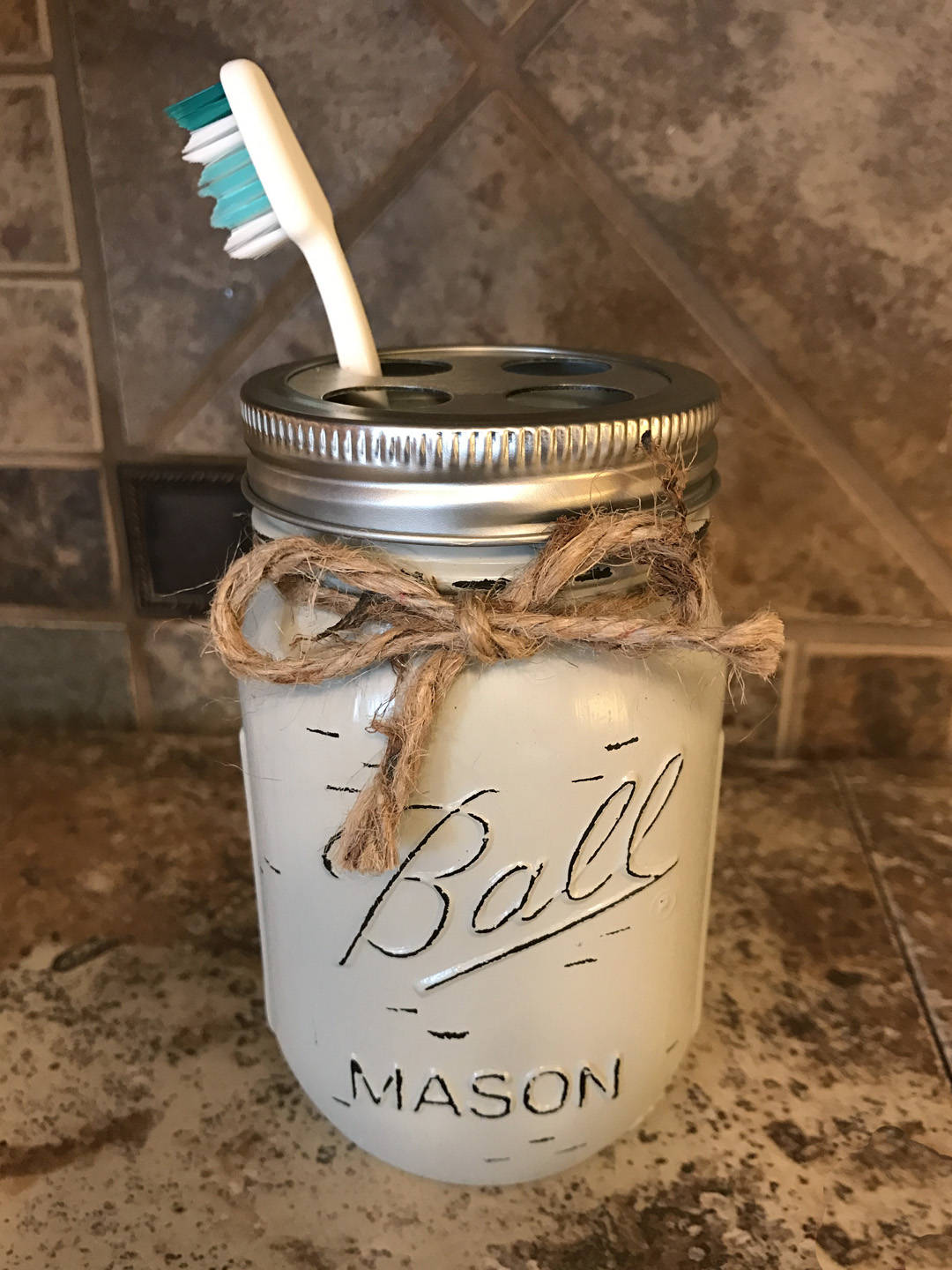 TOOTHBRUSH Holder MASON Jar Bathroom Decor Pint Ball Jars Stainless Steel Blue Yellow White - Wooden Hearts Inc