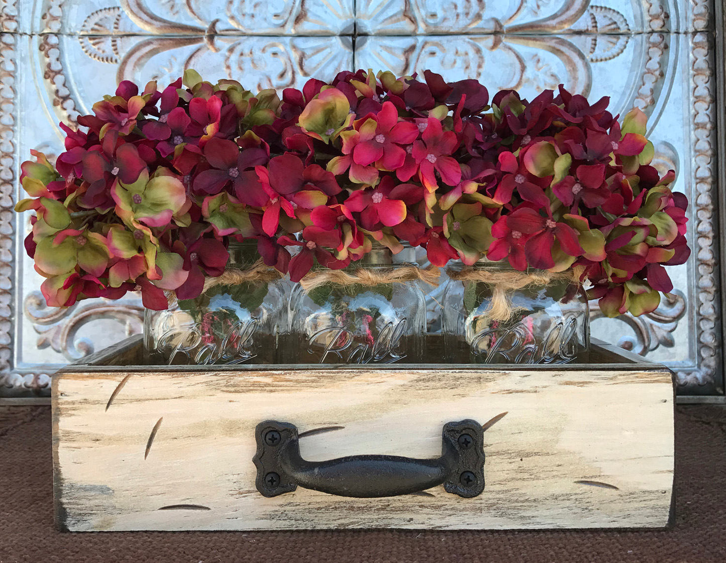 MASON Jar Centerpiece DRAWER Rustic Distressed Wood with 3 Pint Ball Jars Red Blue Gray Cream - Wooden Hearts Inc