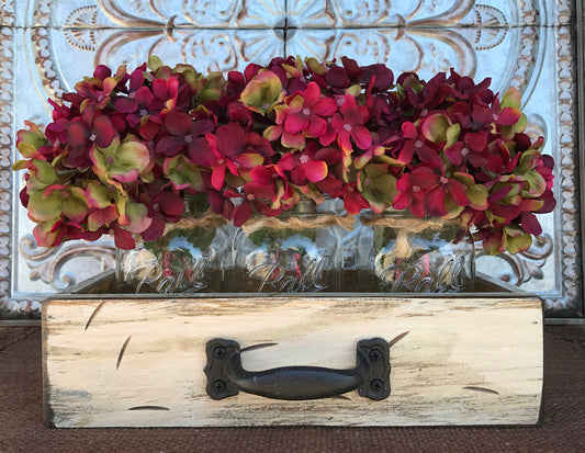 MASON Jar Centerpiece DRAWER Rustic Distressed Wood with 3 Pint Ball Jars Red Blue Gray Cream - Wooden Hearts Inc