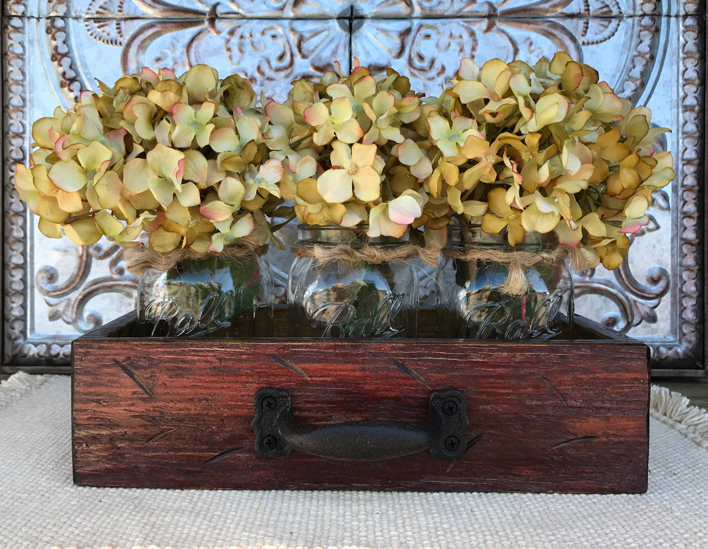 MASON Jar Centerpiece DRAWER Rustic Distressed Wood with 3 Pint Ball Jars Red Blue Gray Cream - Wooden Hearts Inc