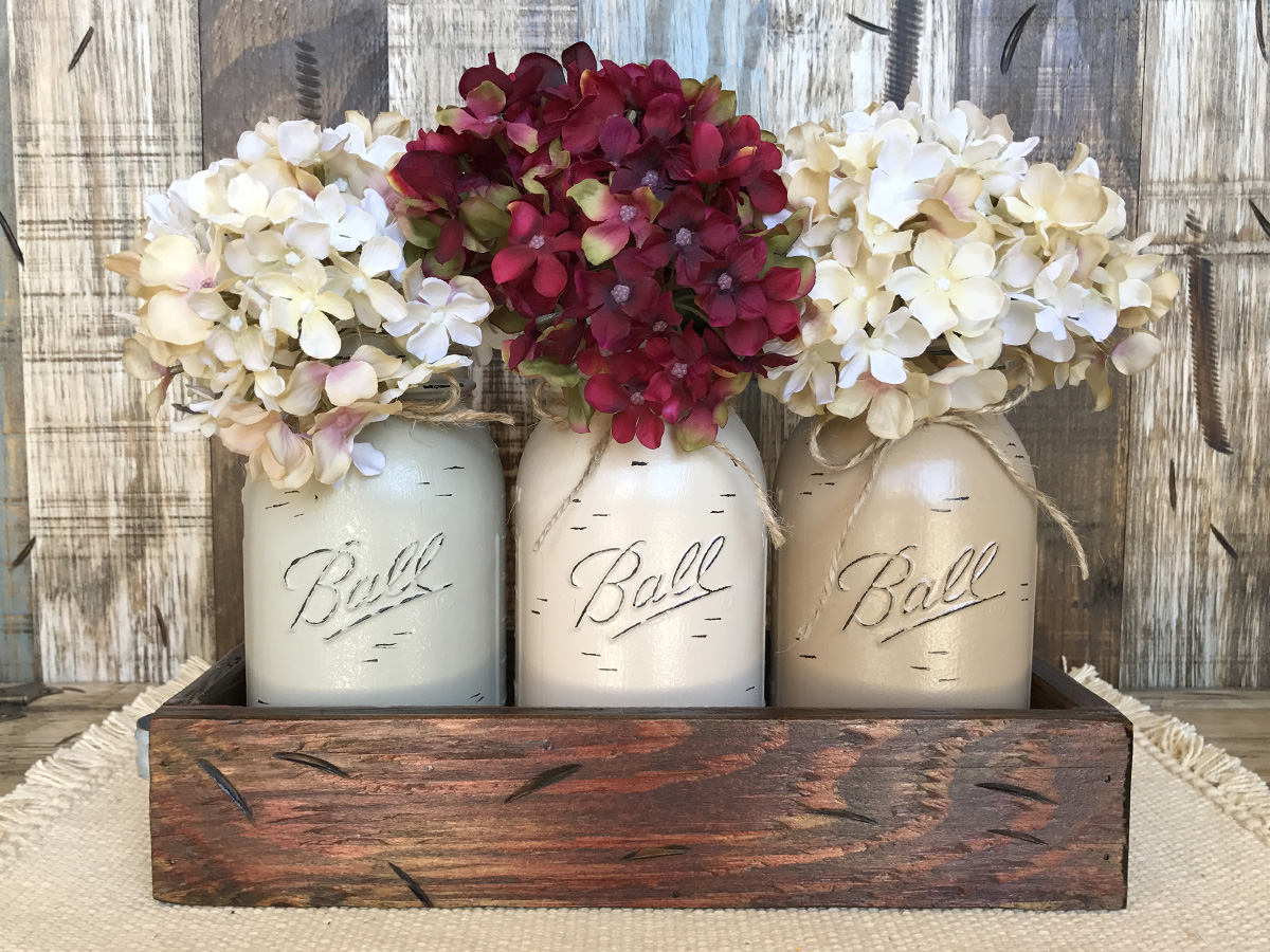 MASON Jar Centerpiece *3 QUART Jars in Wood Tray (Flowers optional) Table Decor - Wooden Hearts Inc