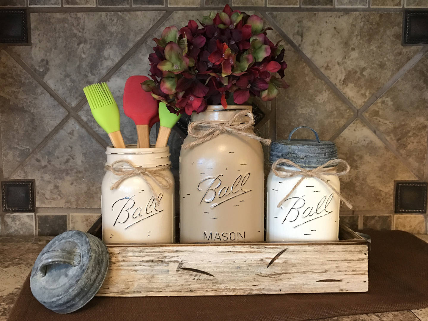 MASON Jar Kitchen CANISTER SET w/ metal lids, Utensil Holder, 2 Pint Jars +1 Quart +Optional Flower - Wooden Hearts Inc