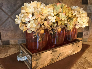 QUART Jar Centerpiece in TRAY with 3 Clear Colored Jars, Kitchen Decor with Optional Flowers - Wooden Hearts Inc