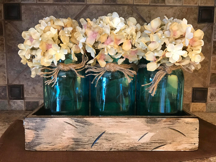 QUART Jar Centerpiece in TRAY with 3 Clear Colored Jars, Kitchen Decor with Optional Flowers
