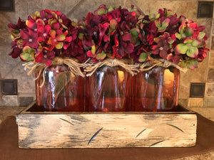 QUART Jar Centerpiece in TRAY with 3 Clear Colored Jars, Kitchen Decor with Optional Flowers - Wooden Hearts Inc