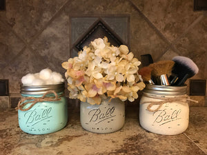 MASON Jar Decor Distressed Ball SHORT PINT Hand Painted Jars Cream Brown Gray Blue Bathroom Kitchen - Wooden Hearts Inc