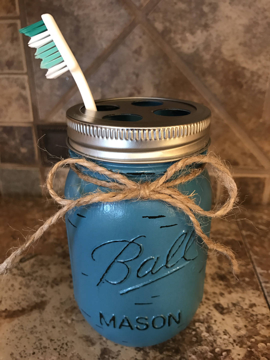 TOOTHBRUSH Holder MASON Jar Bathroom Decor Pint Ball Jars Stainless Steel Blue Yellow White - Wooden Hearts Inc