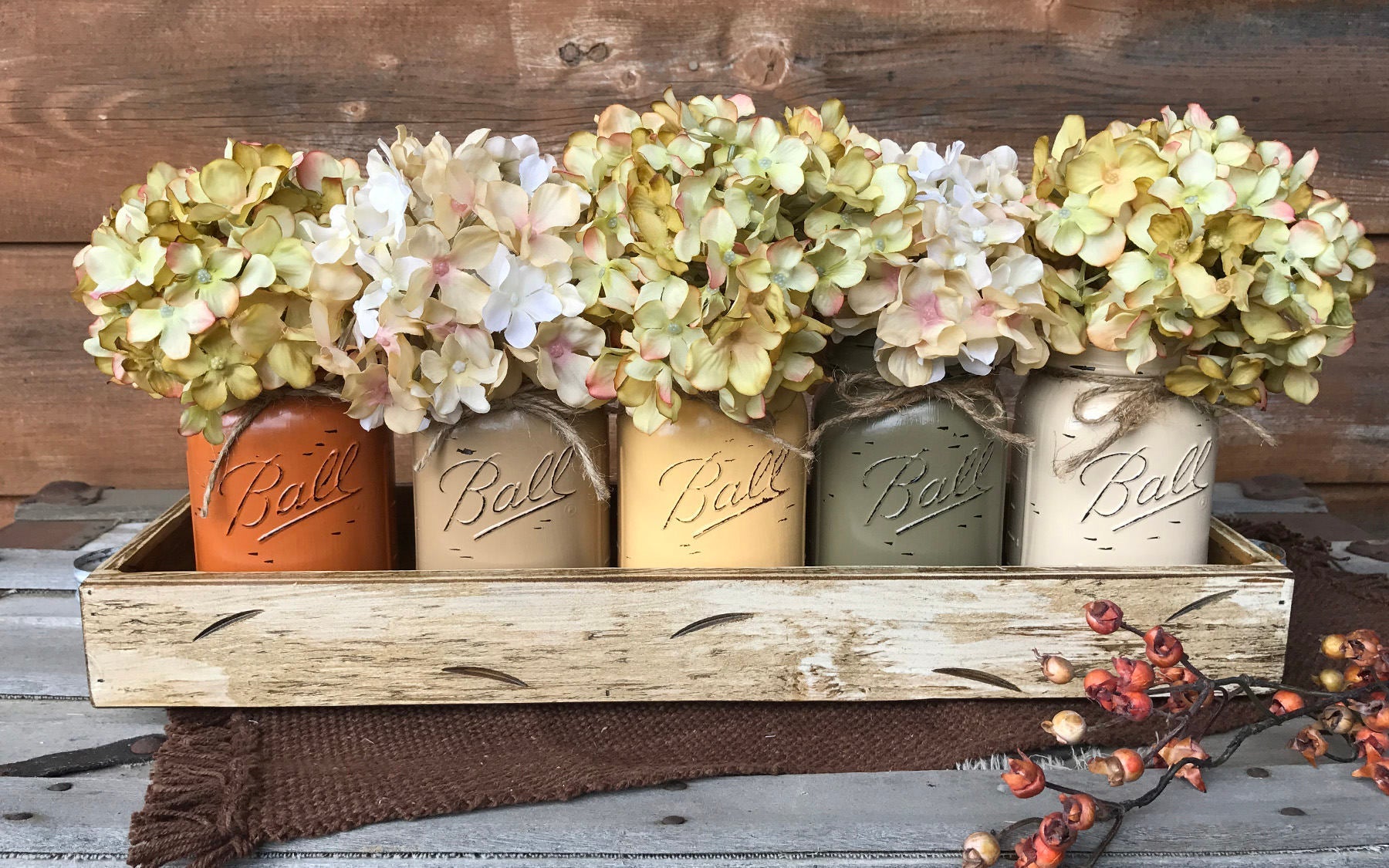 FALL MASON Jar Decor Thanksgiving Centerpiece (Flowers optional) - Wood TRAY + 5 Ball Pint Jars - Wooden Hearts Inc