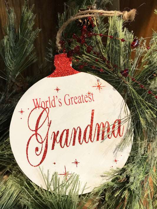 Christmas ORNAMENT World's Greatest Grandma Grandpa, Tree Memory Gift *Glitter Wood - Wooden Hearts Inc