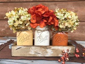 FALL MASON 3 Jars Wood Tray Decor for Thanksgiving Centerpiece (Flowers optional) Ball Pint - Wooden Hearts Inc