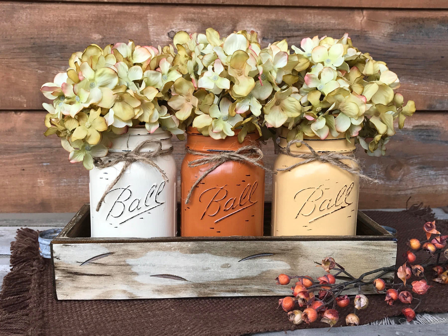 FALL MASON 3 Jars Wood Tray Decor for Thanksgiving Centerpiece (Flowers optional) Ball Pint - Wooden Hearts Inc