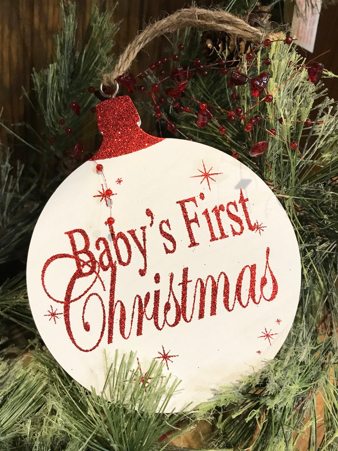 Baby's first Christmas ORNAMENT Tree Memory 1st Gift for a boy or girl, *Glitter Wood - Wooden Hearts Inc