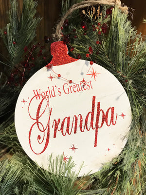 Christmas ORNAMENT World's Greatest Grandma Grandpa, Tree Memory Gift *Glitter Wood - Wooden Hearts Inc