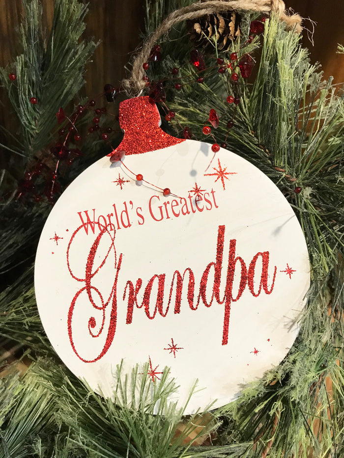 Christmas ORNAMENT World's Greatest Grandma Grandpa, Tree Memory Gift *Glitter Wood