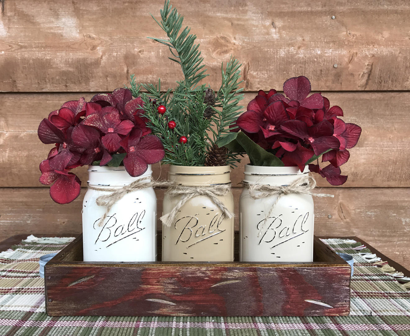 CHRISTMAS HOLIDAY 3 Pint Jar + Wood Tray Centerpiece (Florals / Flowers optional) Ball Mason - Wooden Hearts Inc
