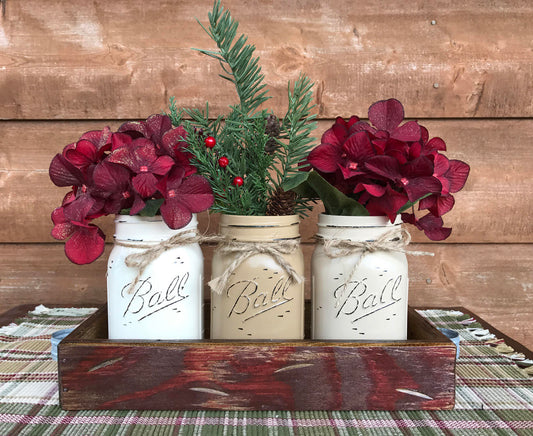CHRISTMAS HOLIDAY 3 Pint Jar + Wood Tray Centerpiece (Florals / Flowers optional) Ball Mason - Wooden Hearts Inc