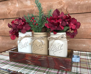 CHRISTMAS HOLIDAY 3 Pint Jar + Wood Tray Centerpiece (Florals / Flowers optional) Ball Mason - Wooden Hearts Inc