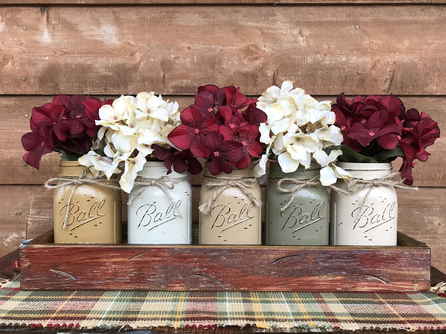 CHRISTMAS HOLIDAY Large Tray Centerpiece + 5 Pint Jars (Florals / Flowers optional) Ball Mason - Wooden Hearts Inc