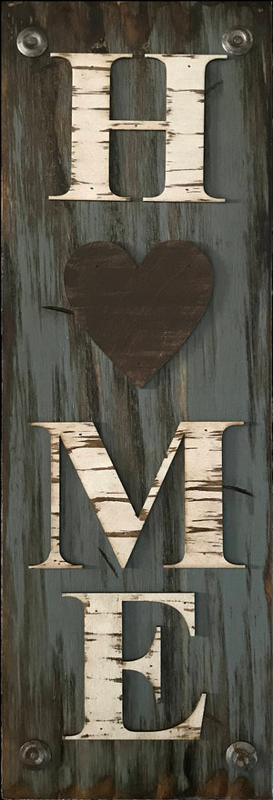 HOME with Heart Sign, Outdoor, Inspirational decor, Rustic Word Distressed Wood White Blue - Wooden Hearts Inc