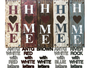 HOME with Heart Sign, Outdoor, Inspirational decor, Rustic Word Distressed Wood White Blue - Wooden Hearts Inc