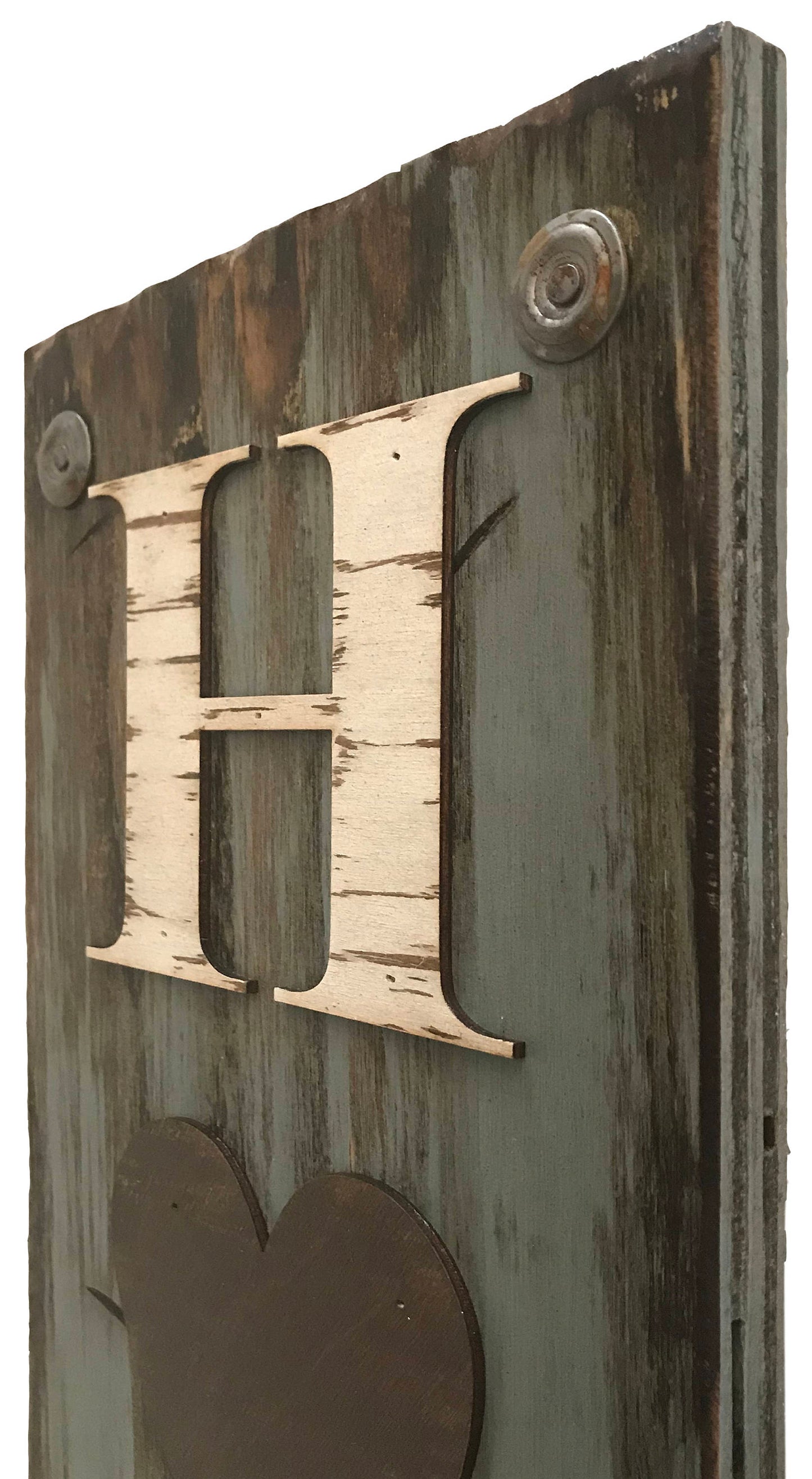 HOME with Heart Sign, Outdoor, Inspirational decor, Rustic Word Distressed Wood White Blue - Wooden Hearts Inc