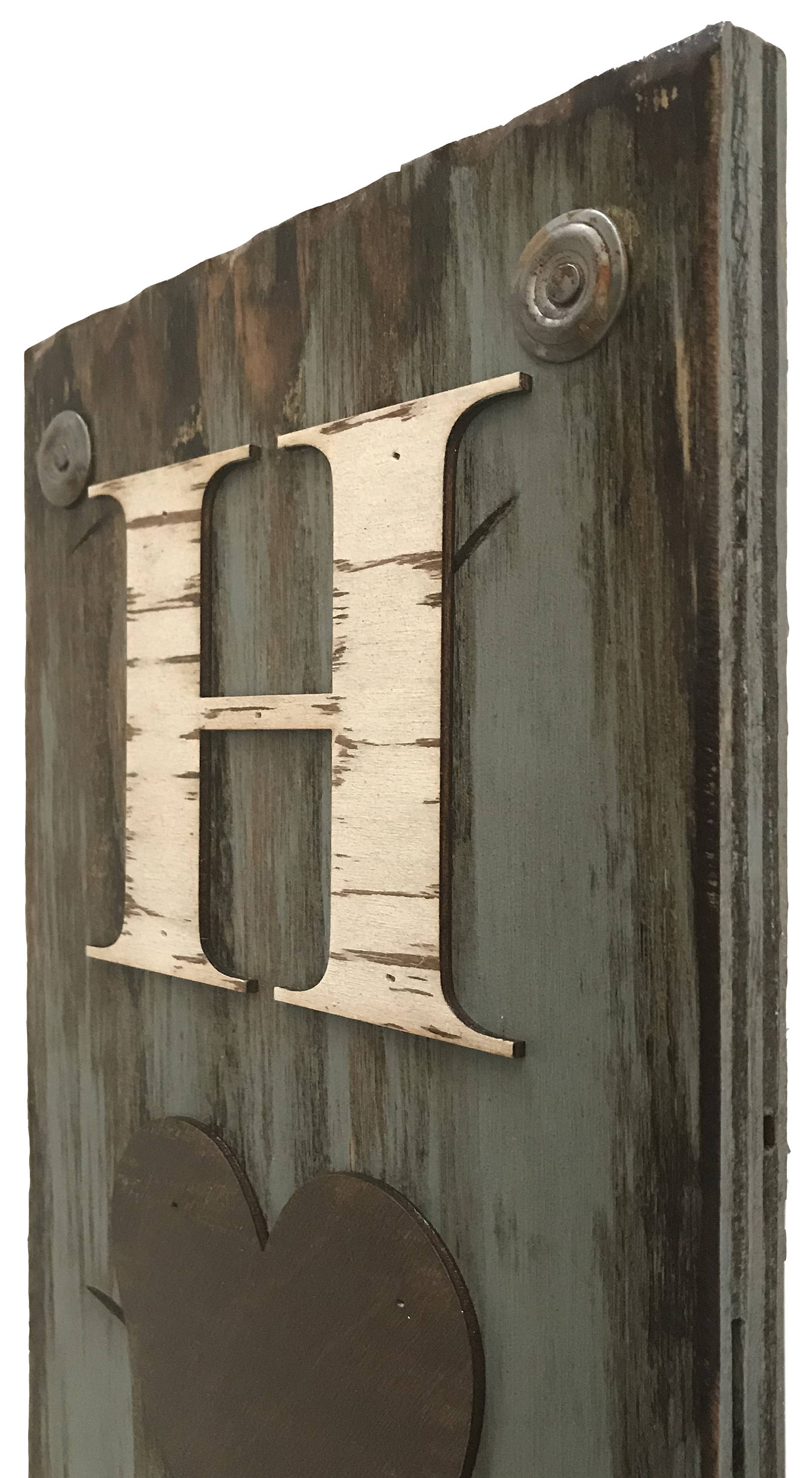 HOME with Heart Sign, Outdoor, Inspirational decor, Rustic Word Distressed Wood White Blue - Wooden Hearts Inc