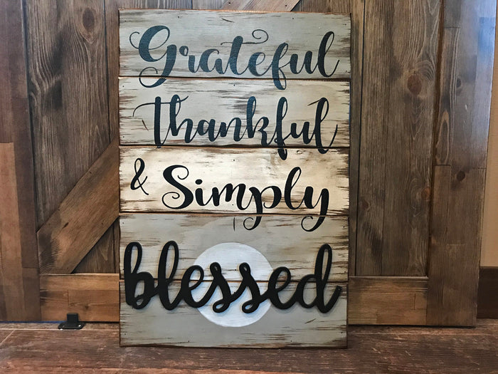 Grateful Thankful & Simply Blessed SIGN Wood Wall Decor, Living Room 16X24