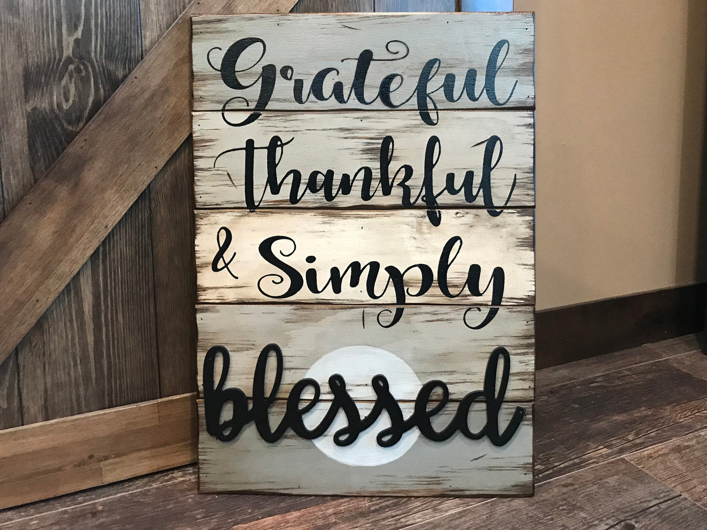 Grateful Thankful & Simply Blessed SIGN Wood Wall Decor, Living Room 16X24 - Wooden Hearts Inc