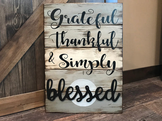 Grateful Thankful & Simply Blessed SIGN Wood Wall Decor, Living Room 16X24 - Wooden Hearts Inc