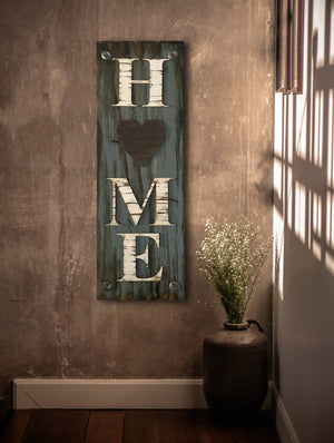 HOME with Heart Sign, Outdoor, Inspirational decor, Rustic Word Distressed Wood White Blue - Wooden Hearts Inc
