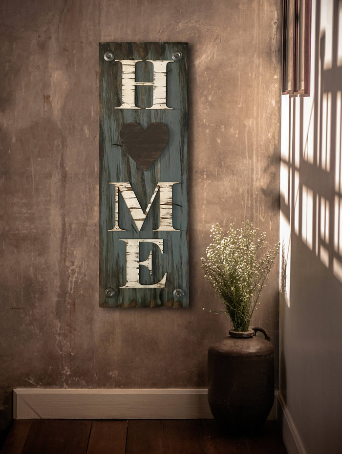 HOME with Heart Sign, Outdoor, Inspirational decor, Rustic Word Distressed Wood White Blue