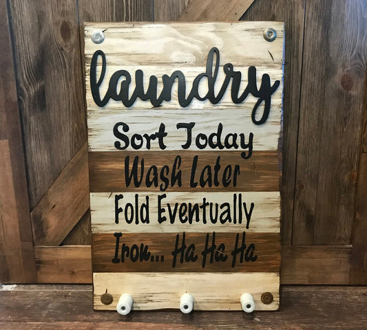 LAUNDRY Wooden SIGN with knobs *Sort Wash Fold Iron *Wood Wall Home Decor Room 16X24 - Wooden Hearts Inc
