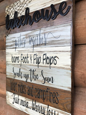 LAKE HOUSE BROWN COMBO decor SIGN *Boat Campfires Fish Net Lakehouse *Wood 16X24 - Wooden Hearts Inc