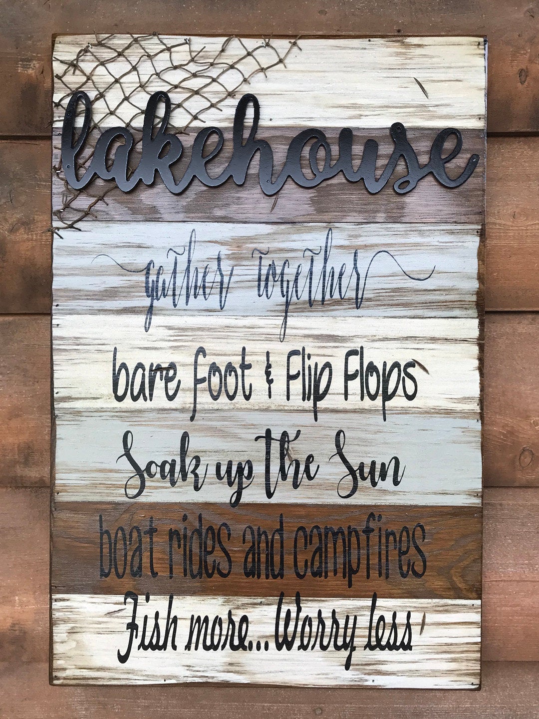 LAKE HOUSE BROWN COMBO decor SIGN *Boat Campfires Fish Net Lakehouse *Wood 16X24 - Wooden Hearts Inc