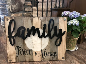 Family Forever & Always Wooden SIGN *Distressed Wood *Rustic Living Room Decor *Blue Gray 26X20 - Wooden Hearts Inc