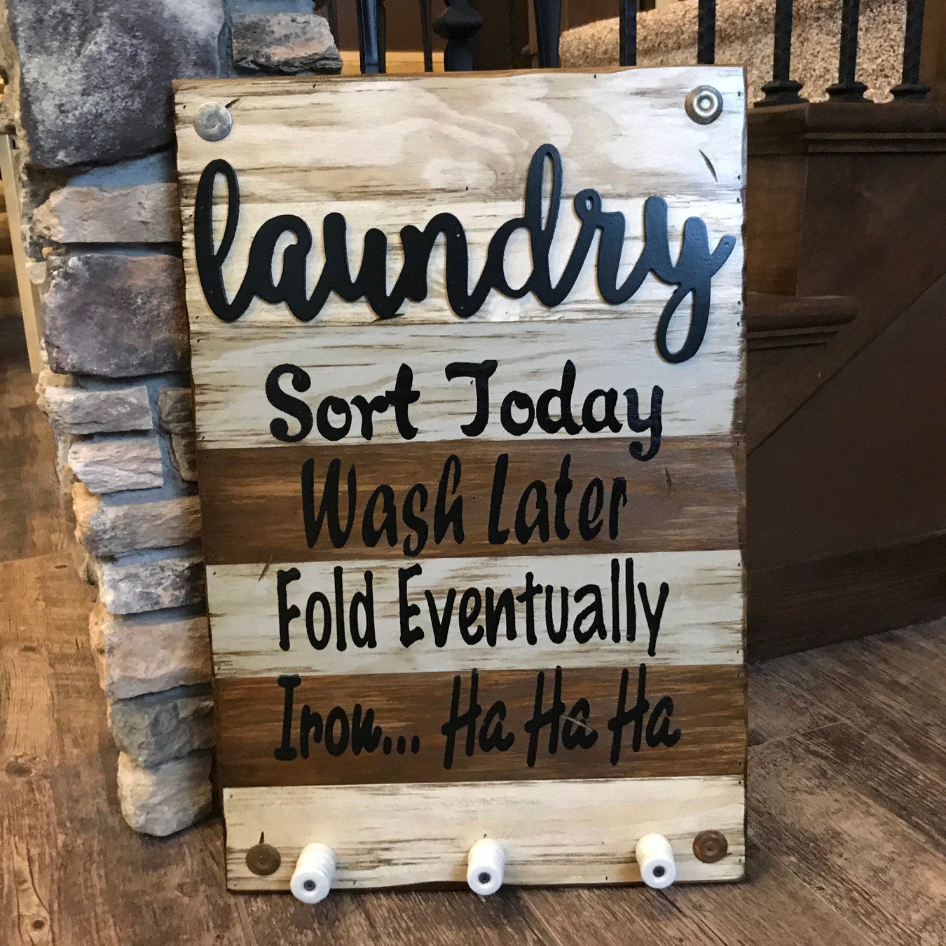 LAUNDRY Wooden SIGN with knobs *Sort Wash Fold Iron *Wood Wall Home Decor Room 16X24 - Wooden Hearts Inc