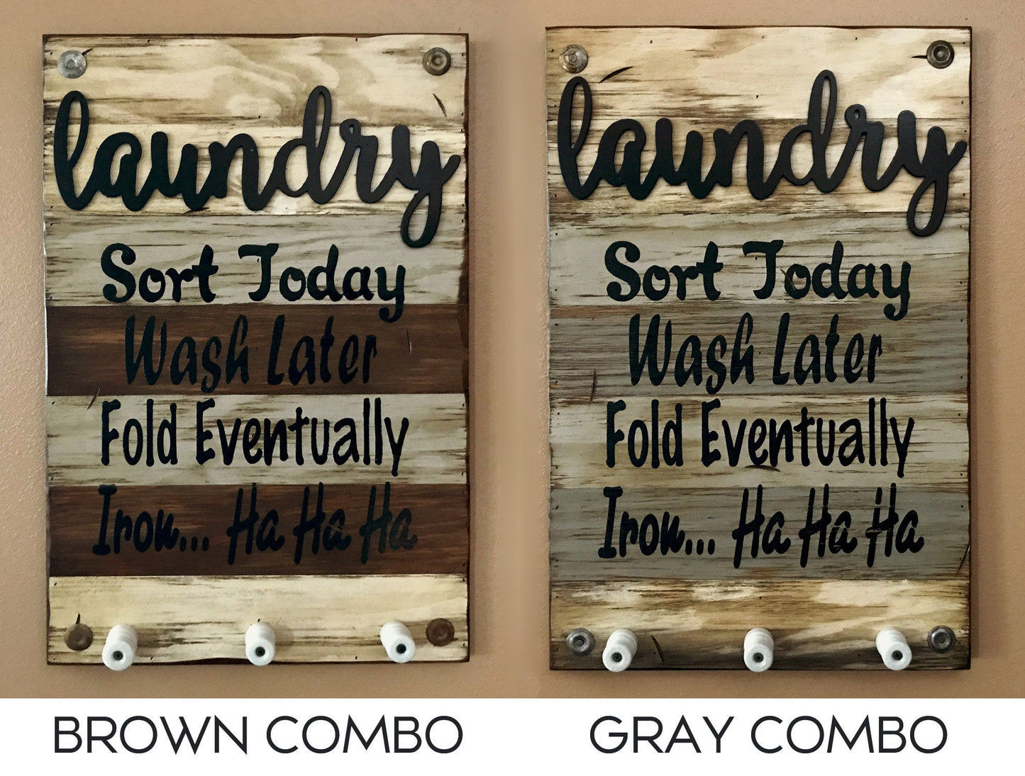 LAUNDRY Wooden SIGN with knobs *Sort Wash Fold Iron *Wood Wall Home Decor Room 16X24 - Wooden Hearts Inc