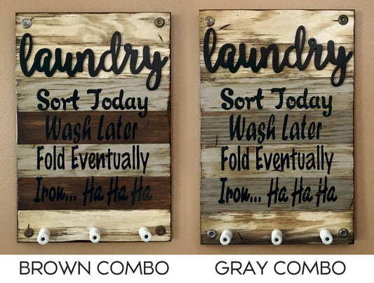 LAUNDRY Wooden SIGN with knobs *Sort Wash Fold Iron *Wood Wall Home Decor Room 16X24 - Wooden Hearts Inc