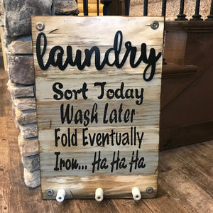 LAUNDRY Wooden SIGN with knobs *Sort Wash Fold Iron *Wood Wall Home Decor Room 16X24 - Wooden Hearts Inc