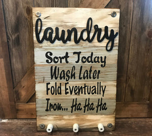 LAUNDRY Wooden SIGN with knobs *Sort Wash Fold Iron *Wood Wall Home Decor Room 16X24 - Wooden Hearts Inc